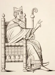 Un évêque ou abbé assis dans une chaise avec mitre et crosse, 1873
